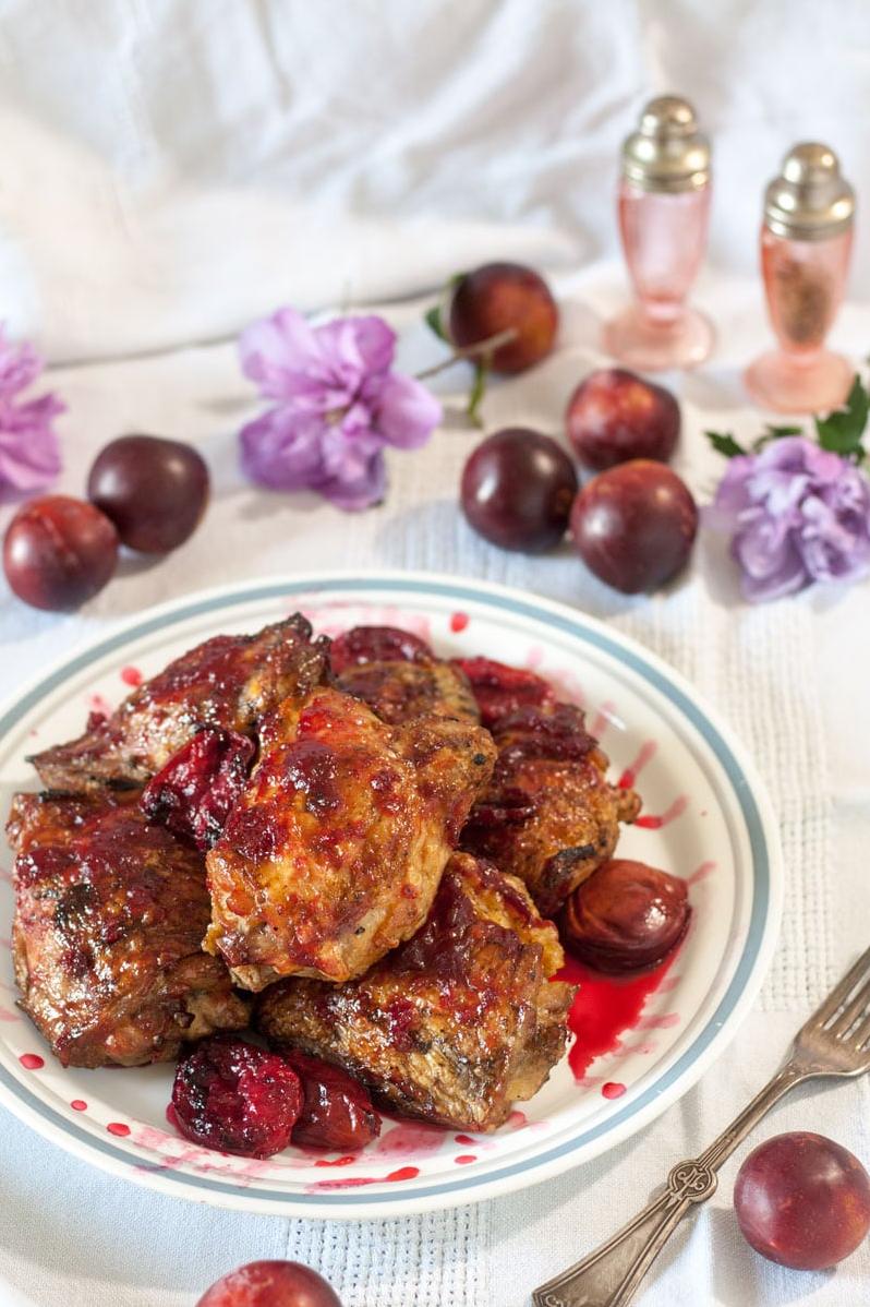  A combination of sweet plums and Pinot Noir wine creates a perfectly balanced sauce that complements the grilled chicken.