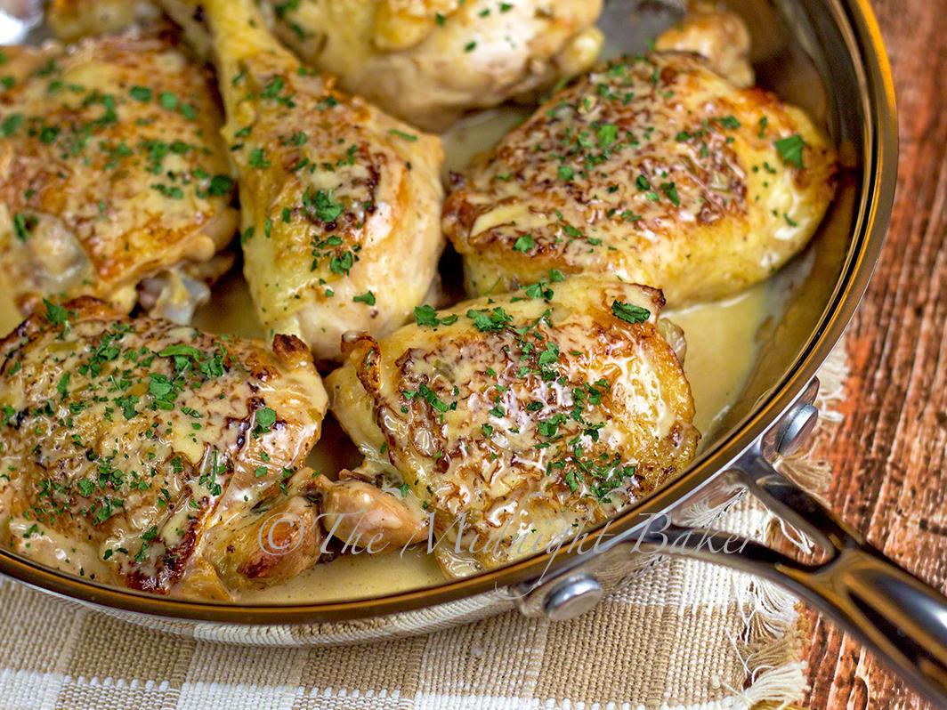  A delicious Chardonnay sauce poured over golden chicken.