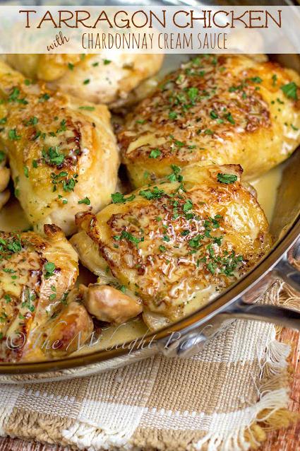  A glass of Chardonnay and a plate of this Chicken Chardonnay - everything you need to unwind after a long day.