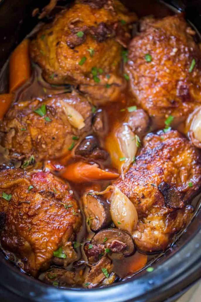  A hearty and delicious meal of chicken in wine that is both comforting and indulgent.