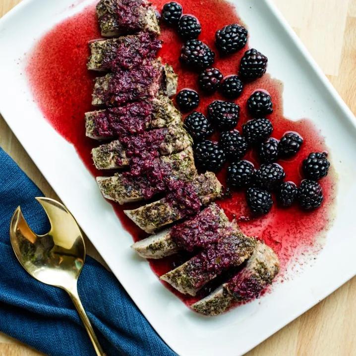 A juicy pork tenderloin smothered in a spicy red wine-blackberry sauce.