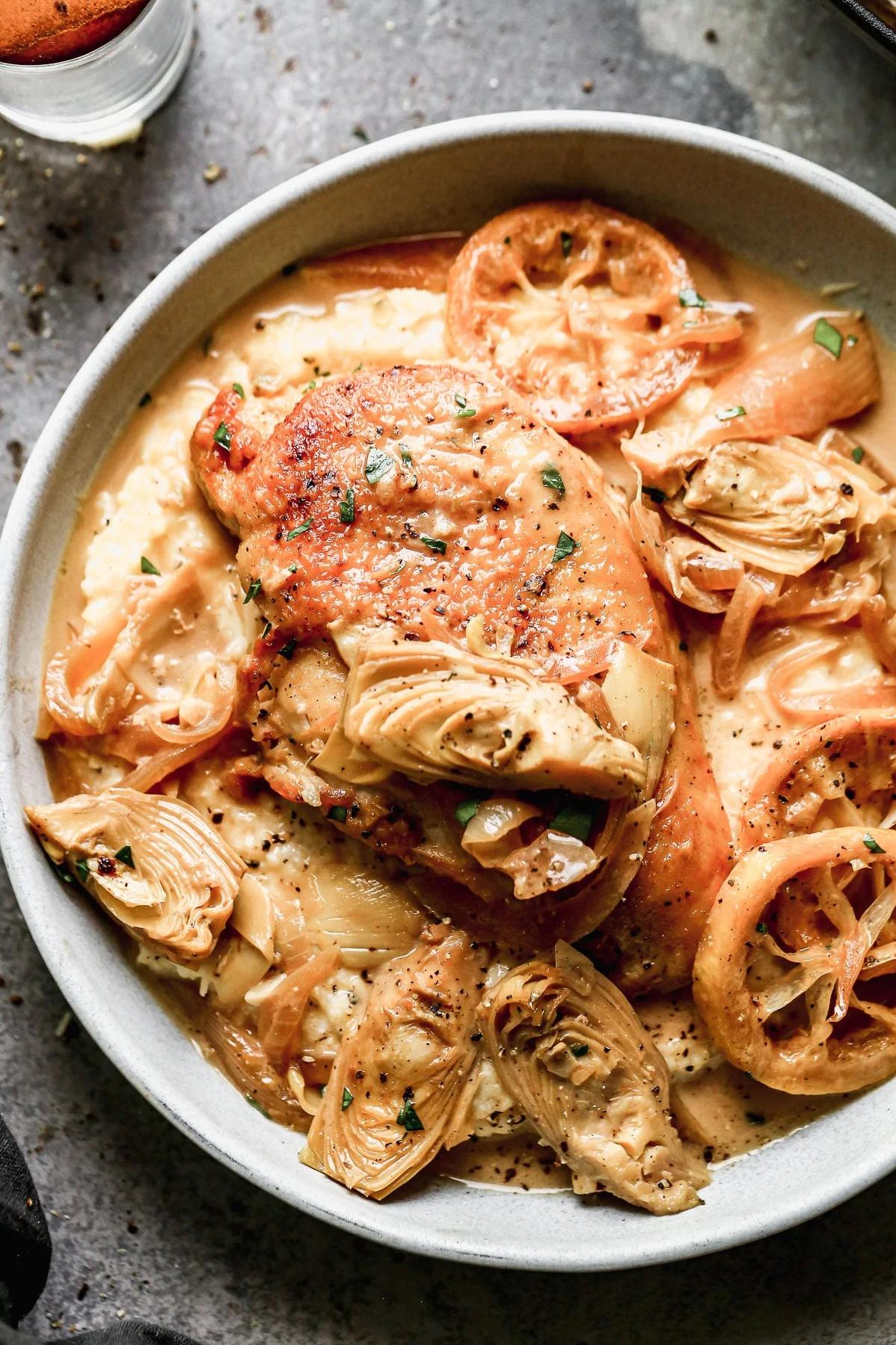  A marriage of tender chicken, artichokes, and a wine-infused sauce.
