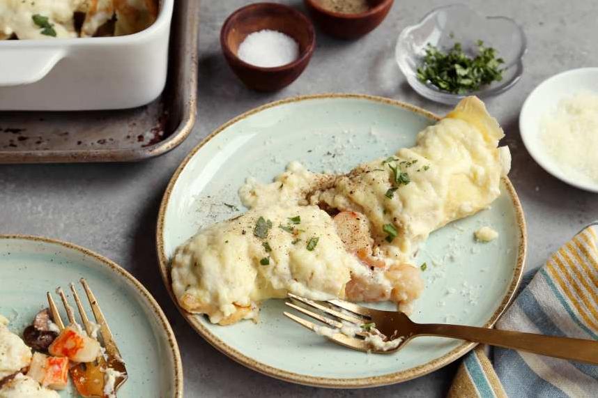  A sip of wine with each bite of this seafood crepe is the perfect pairing for a cozy night in.