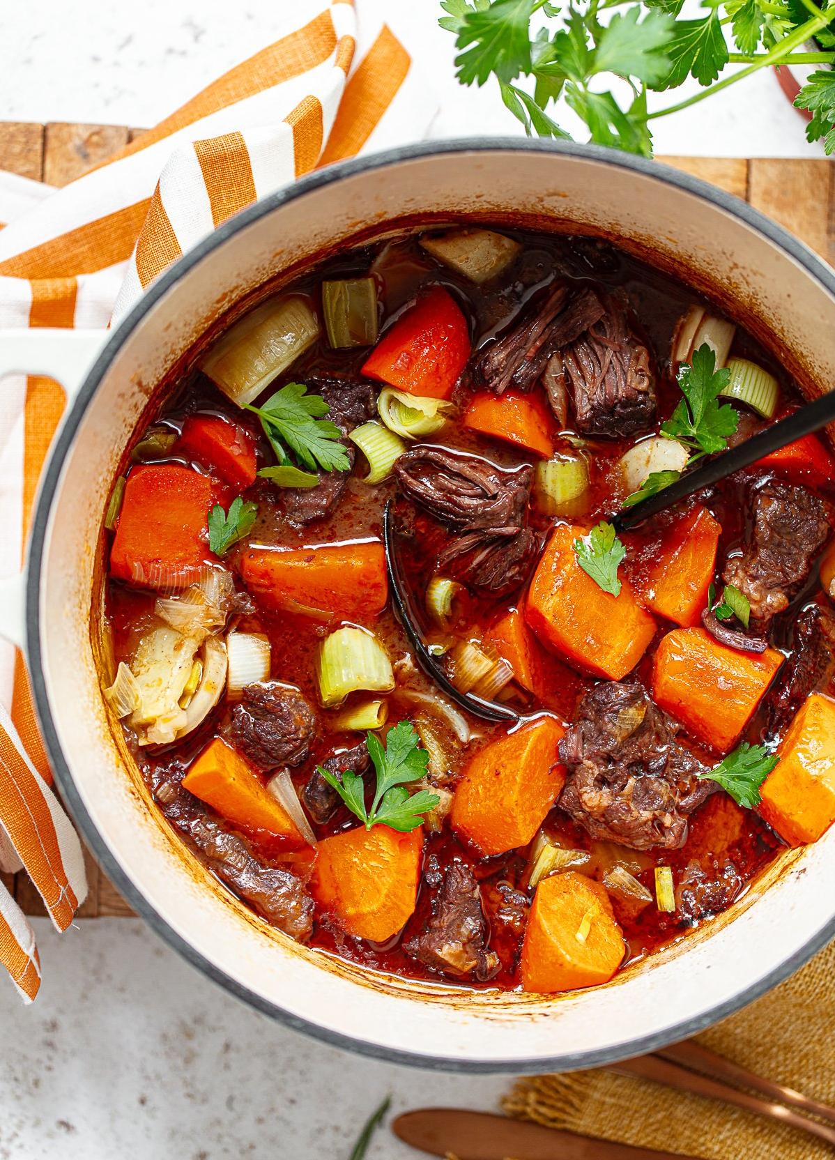  A warm bowl of beef soup with a rich red wine broth that's perfect for chilly nights.