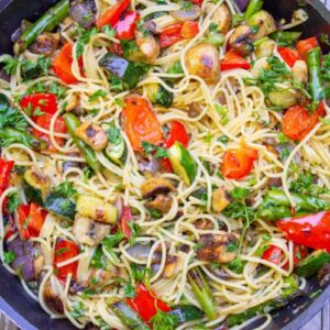 Angel Hair With Roasted Vegetables and Red Wine Tomato Sauce