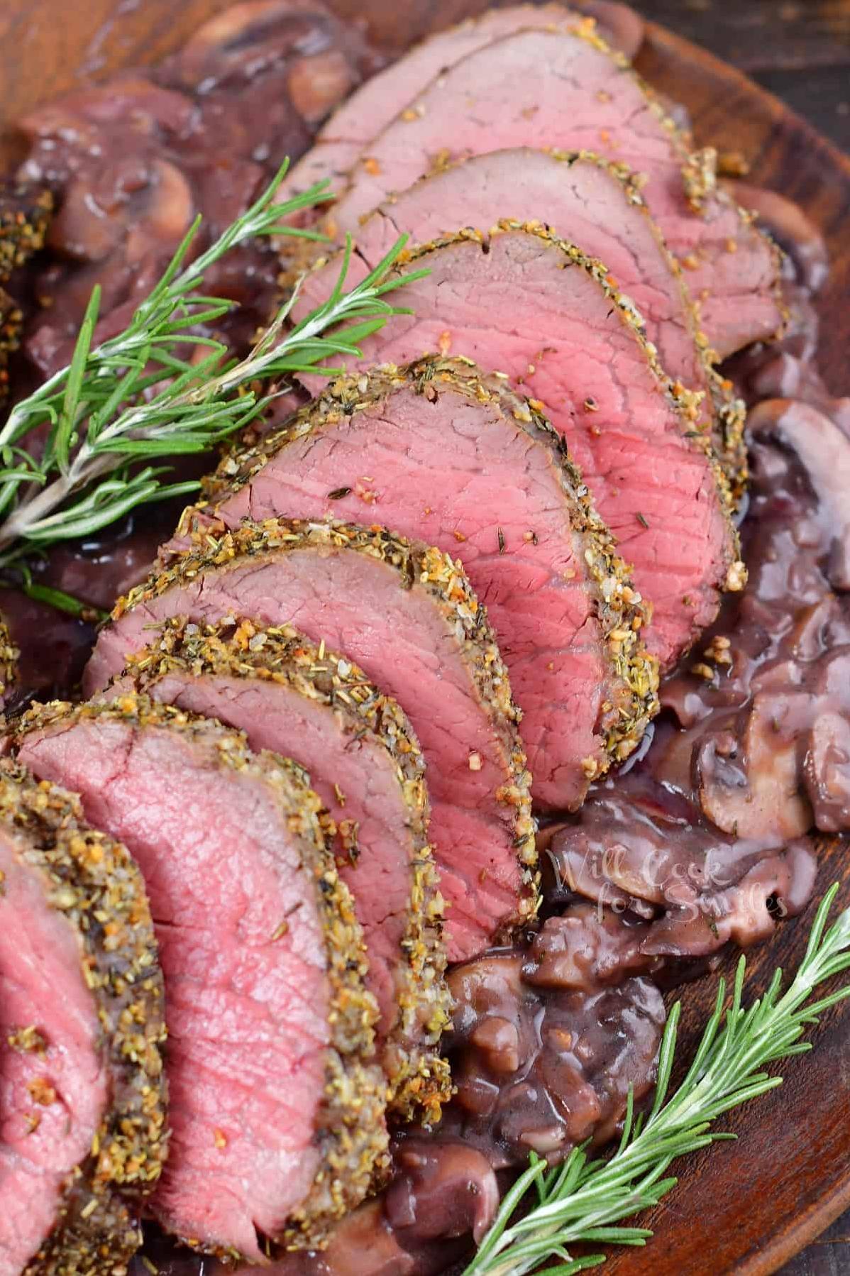 Beef Tenderloin With Mushrooms, Onions and Reduced Wine Sauce