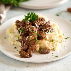 Beef Tips and Mushrooms Braised in Red Wine