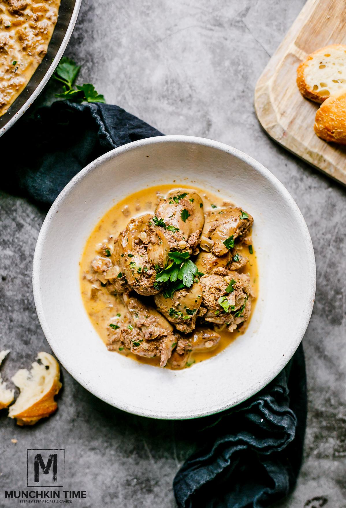  Chicken livers get a gourmet makeover in this dish.