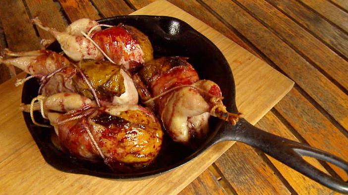  Delicate quail breast roasted with a luscious red wine sauce.