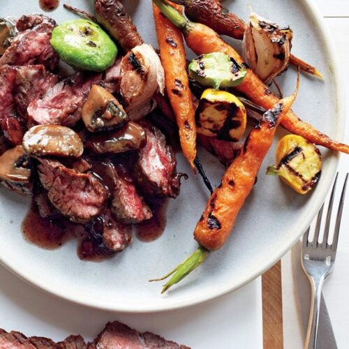 Flank Steak With Merlot Mushrooms and Pearl Onions