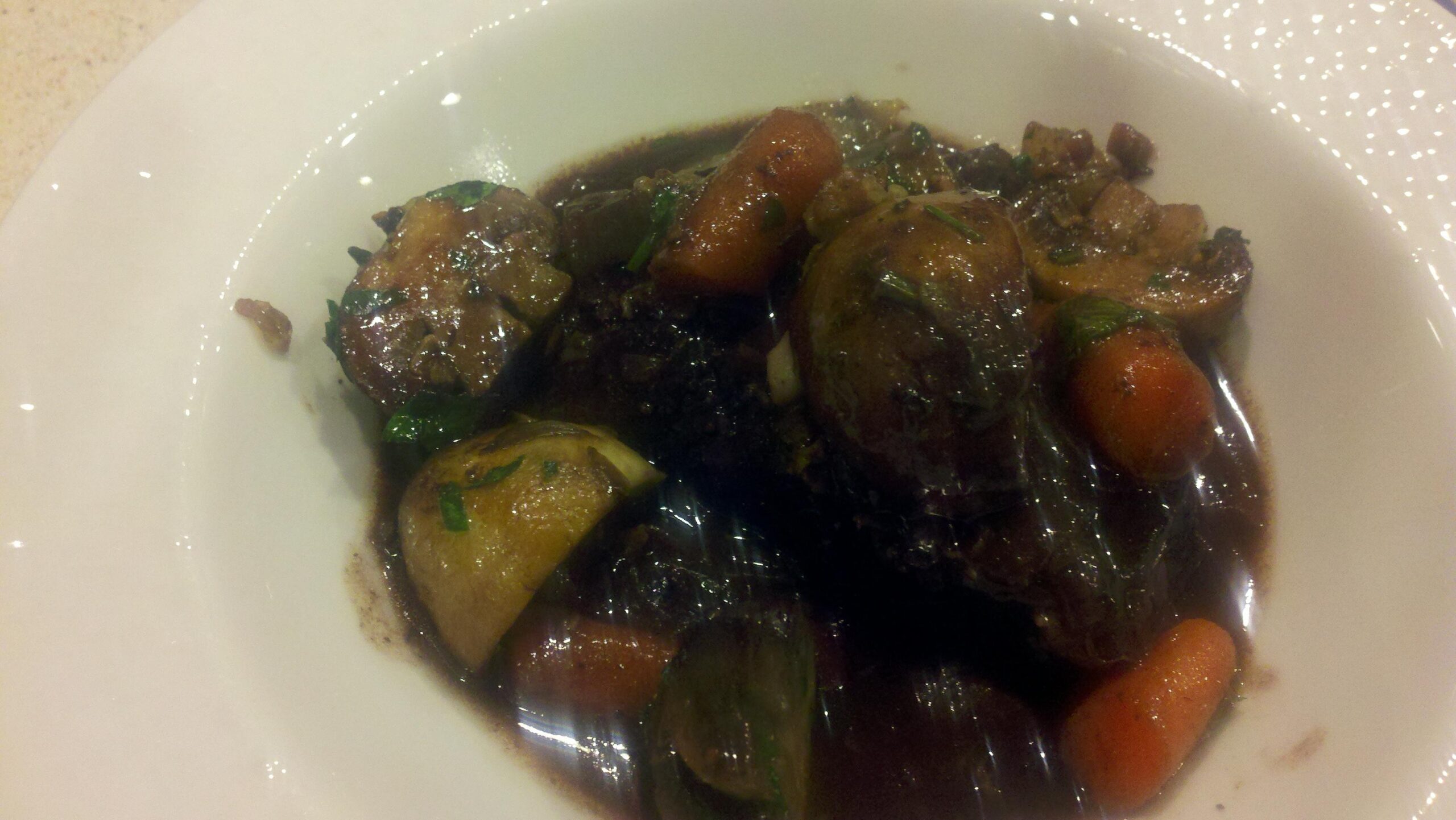  Hearty beef stew slowly simmered in a rich and robust red wine sauce