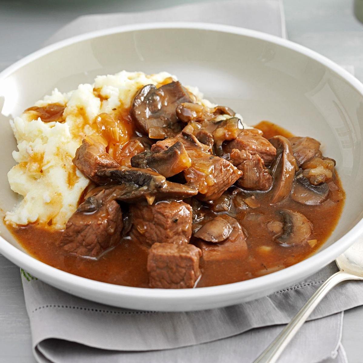  Impress your dinner guests with this elegant casserole featuring the classic combination of steak and mushrooms.