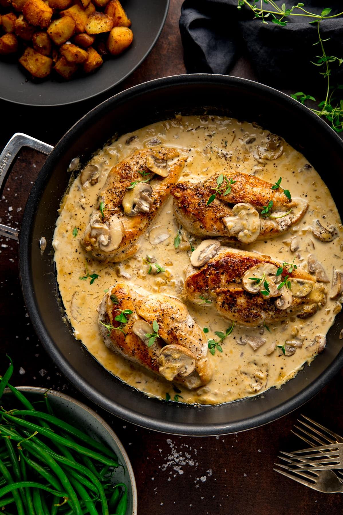  Juicy chicken and velvety mushrooms in a luscious white wine sauce