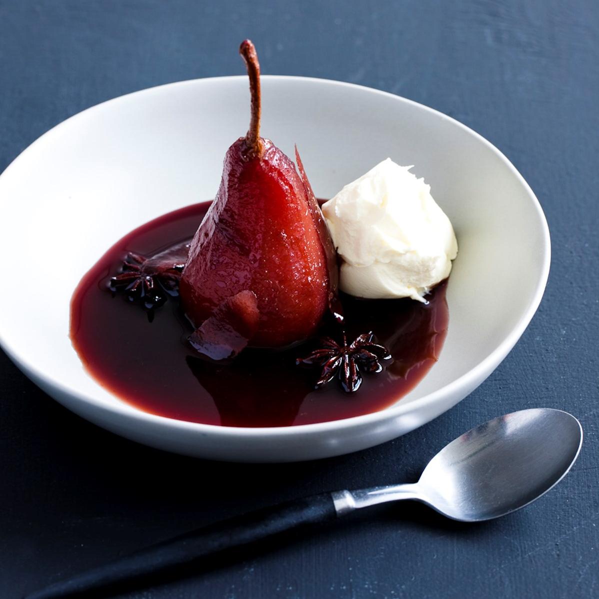 Juicy pears cooked in decadent red wine sauce