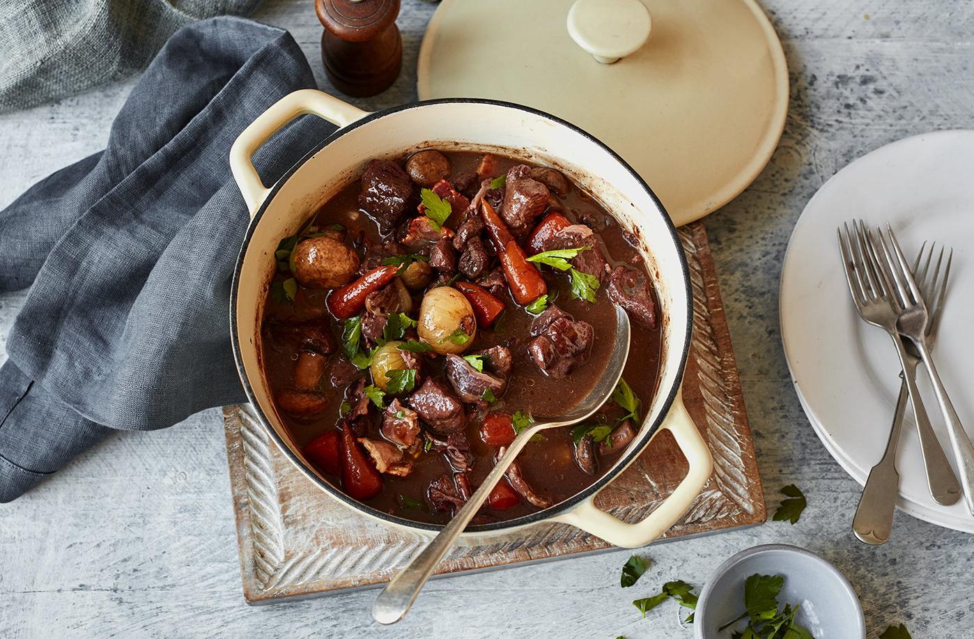  Letting the beef simmer low and slow in wine makes for a luxurious and tender meal