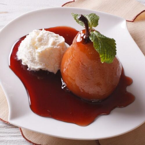 Pears Poached in Red Wine and Cardamom