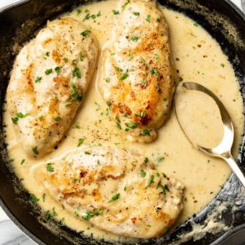  Perfectly cooked chicken in a savory wine sauce that is simply divine.