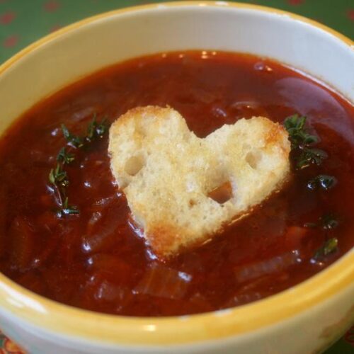 Red Onion, Red Wine Soup With Parmesan Bruschetta