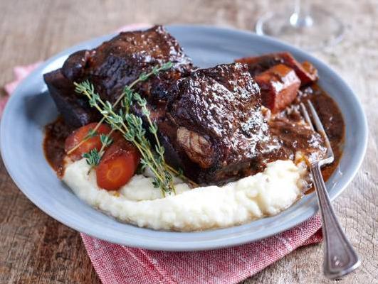  Red wine adds a rich depth of flavor to the tender beef short ribs