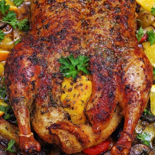 Roasted Duck in Wine With Potatoes, Peppers and Mushrooms