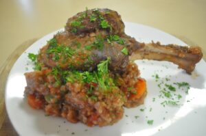 Roasted Lamb Shanks With Red Wine,tomato & Garlic Risotto