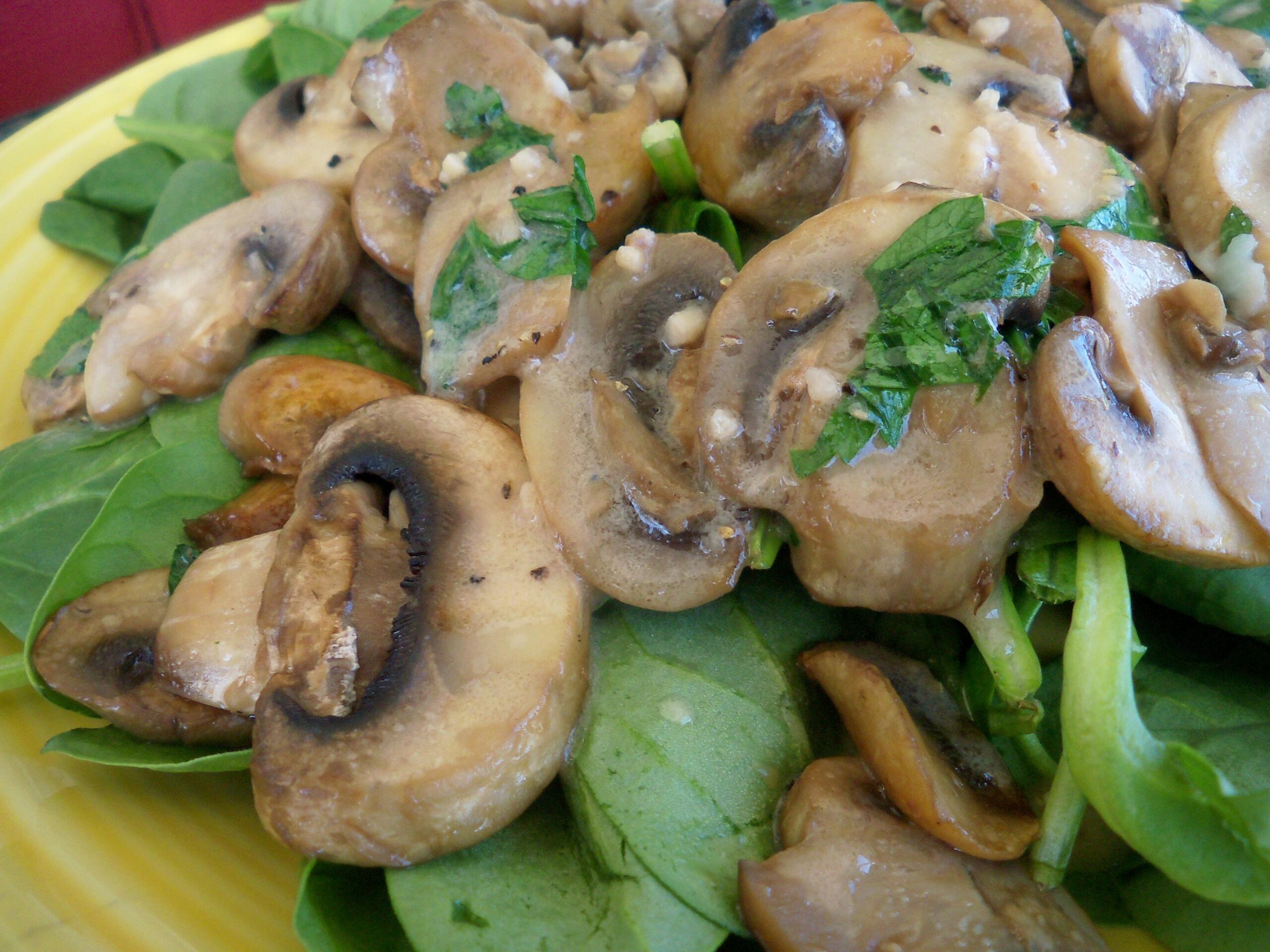 Sauteed Mushrooms on Red Wine Vinaigrette Spinach Salad