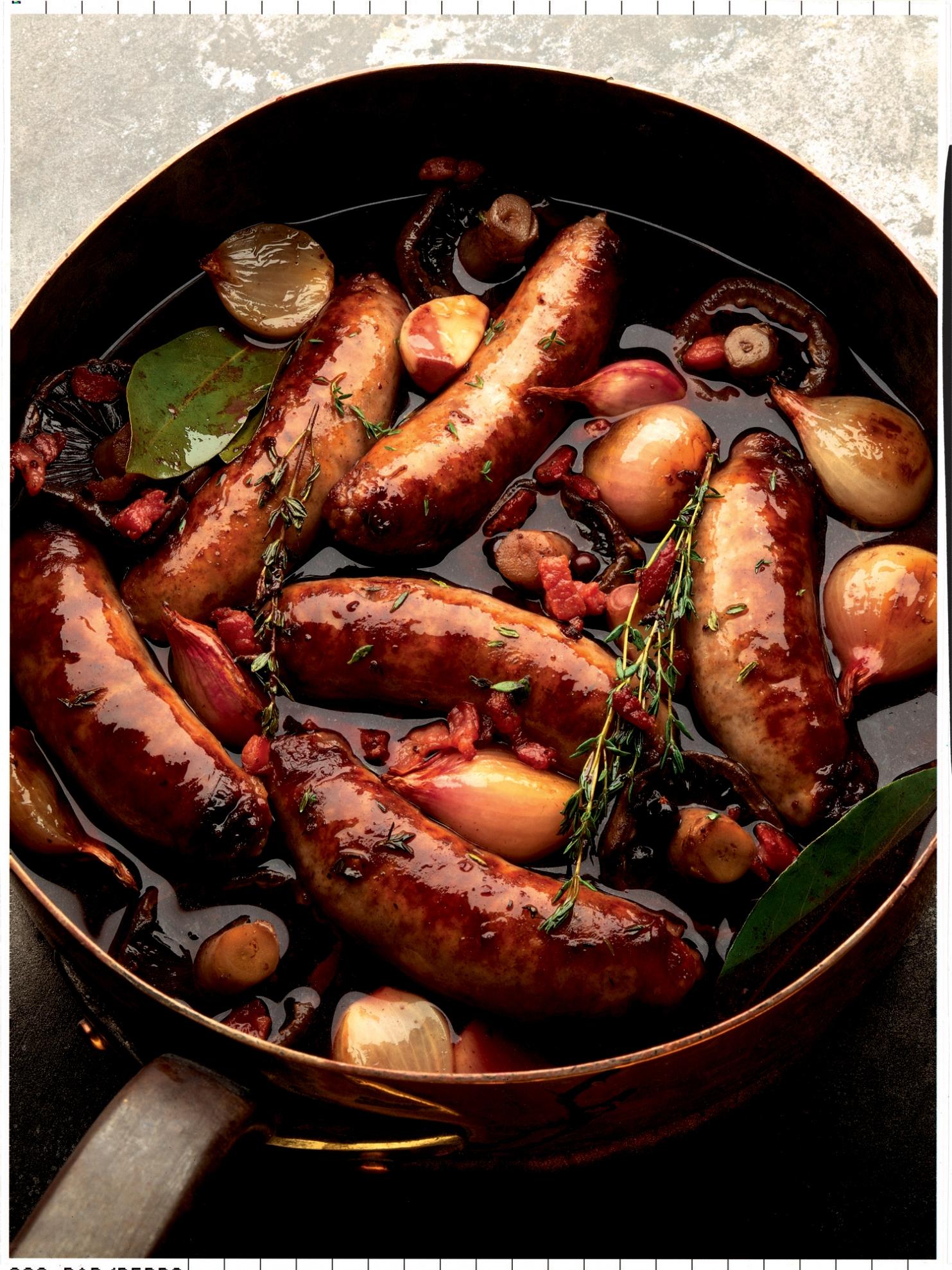  Savor the rich aroma of red wine as it blends with juicy sausages.