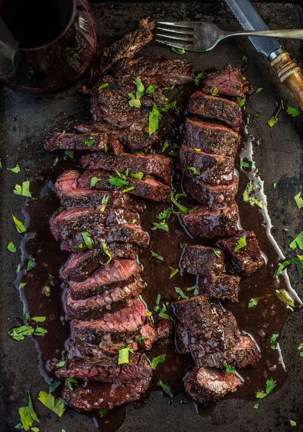  Sizzling-hot and juicy skirt steak with a flavorful red wine sauce.