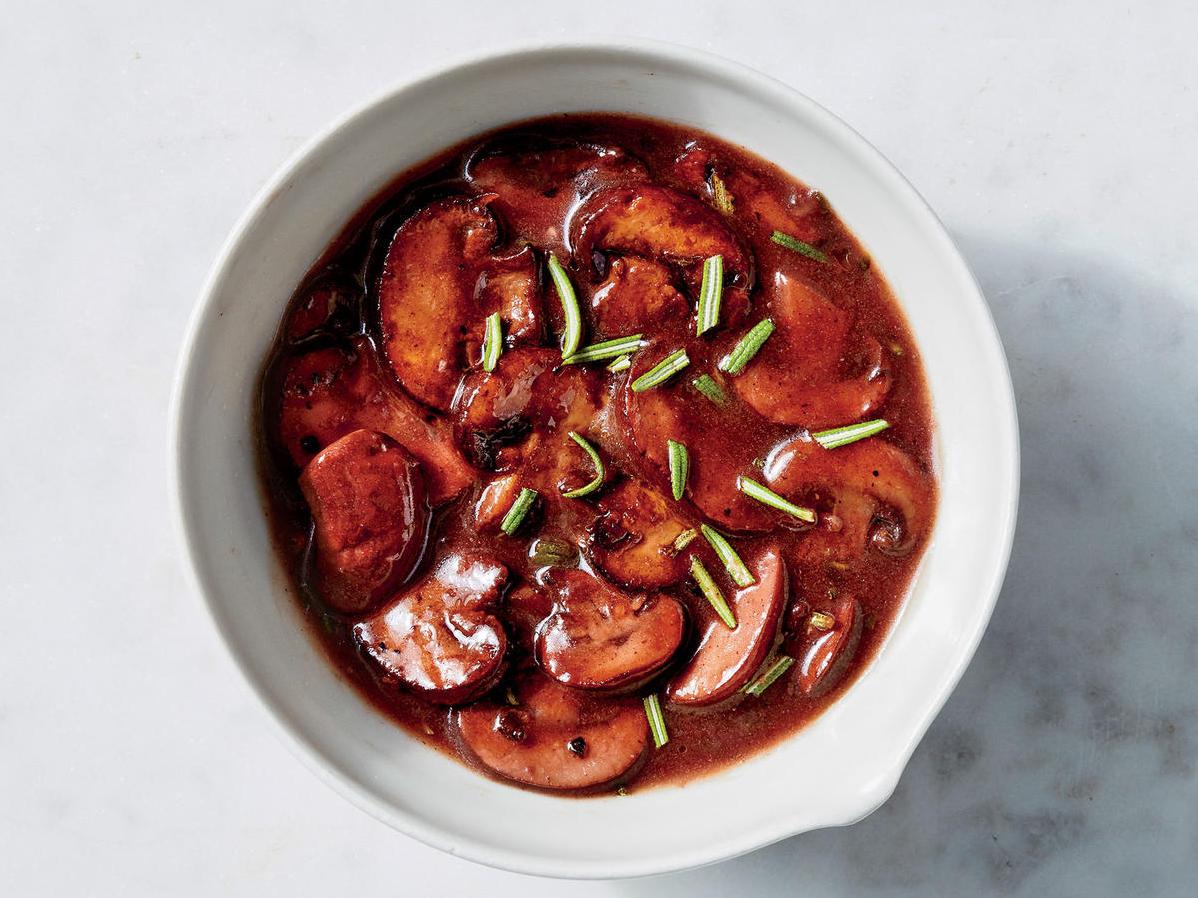  Slices of tender mushrooms soaked in a rich and tangy sauce