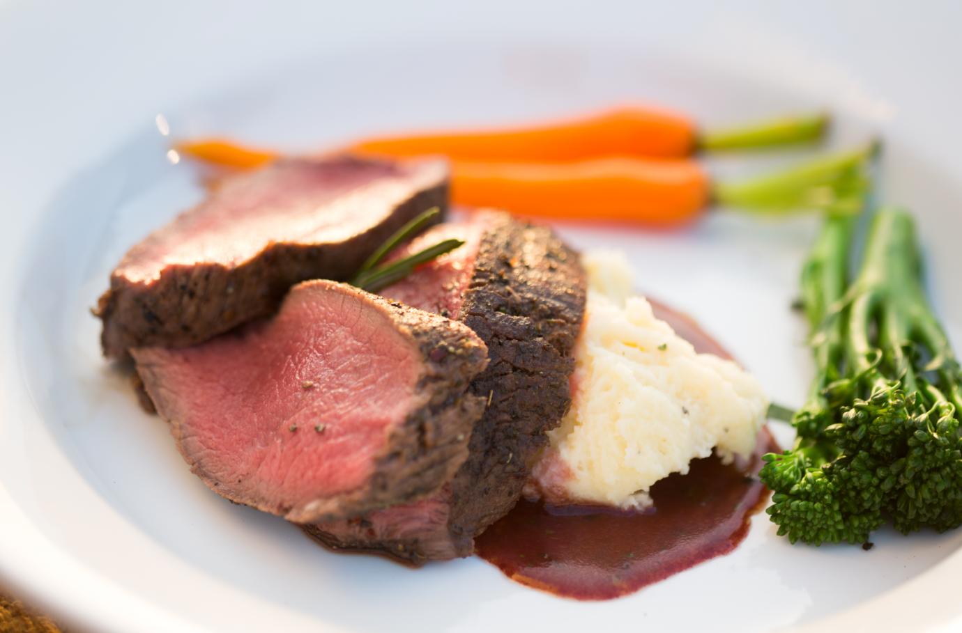  Smooth and velvety chocolate wine sauce complements the tender beef.