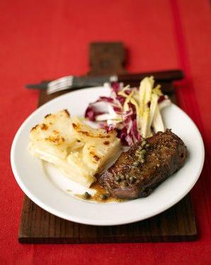 Steak With Wine Sauce and Potato Gratin