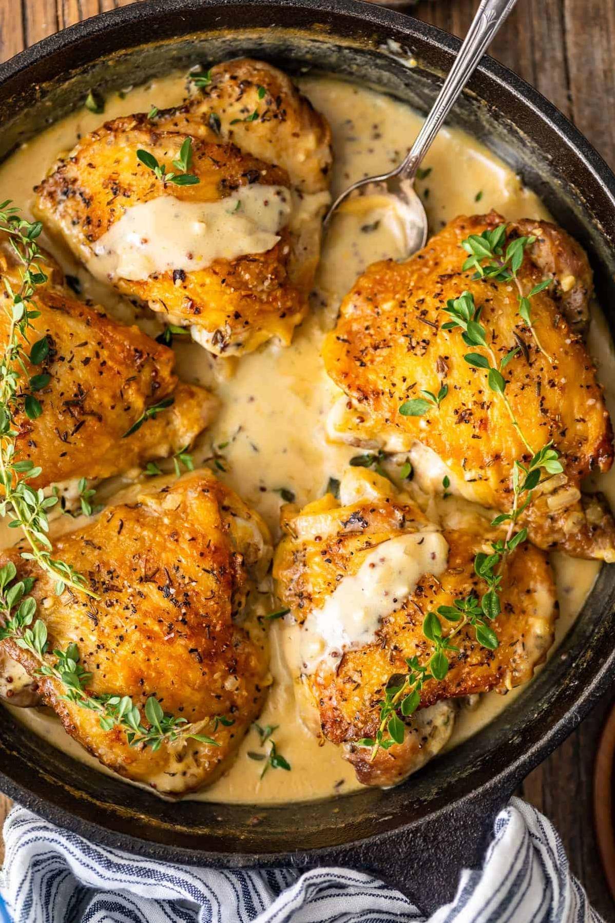 Sure thing! Here are 11 unique photo captions for the Herbed Chicken Dijon With White Wine recipe: