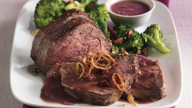  Tender and juicy beef tenderloin with a rich and flavorful wine sauce.