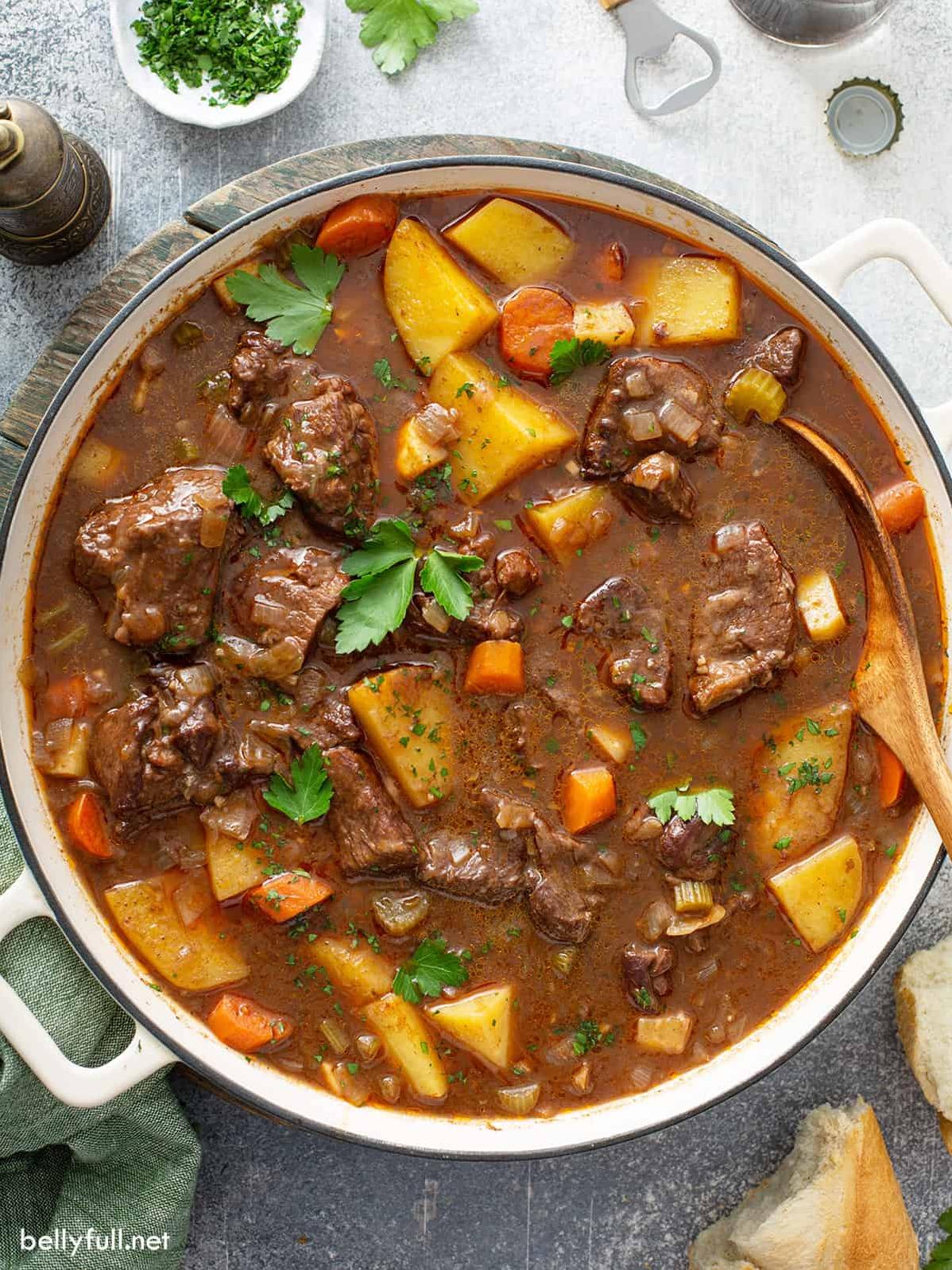  Tender beef, potatoes, and carrots, all cooked in flavorful broth.