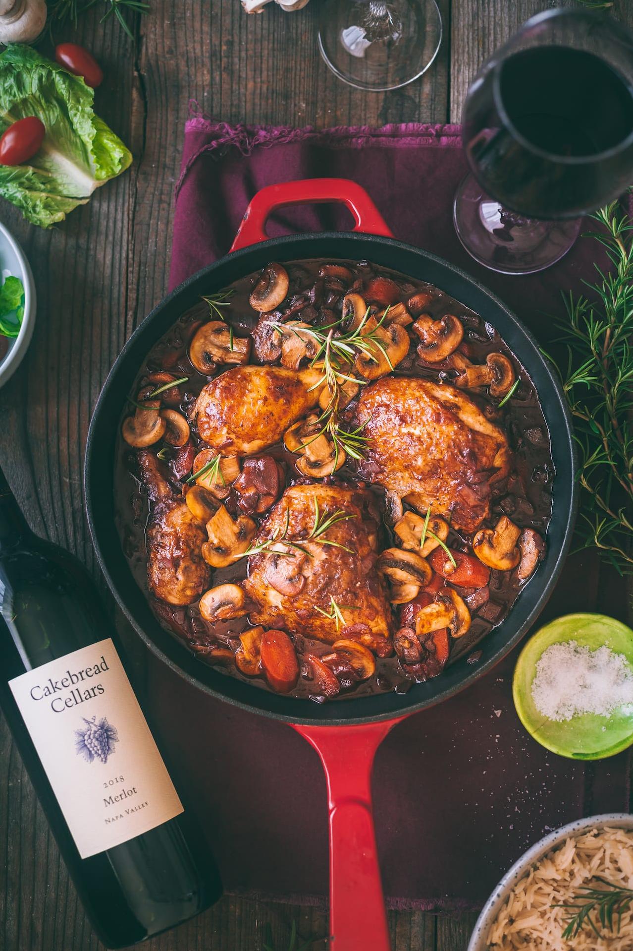  The chicken is cooked to juicy perfection in a flavorful red wine sauce.