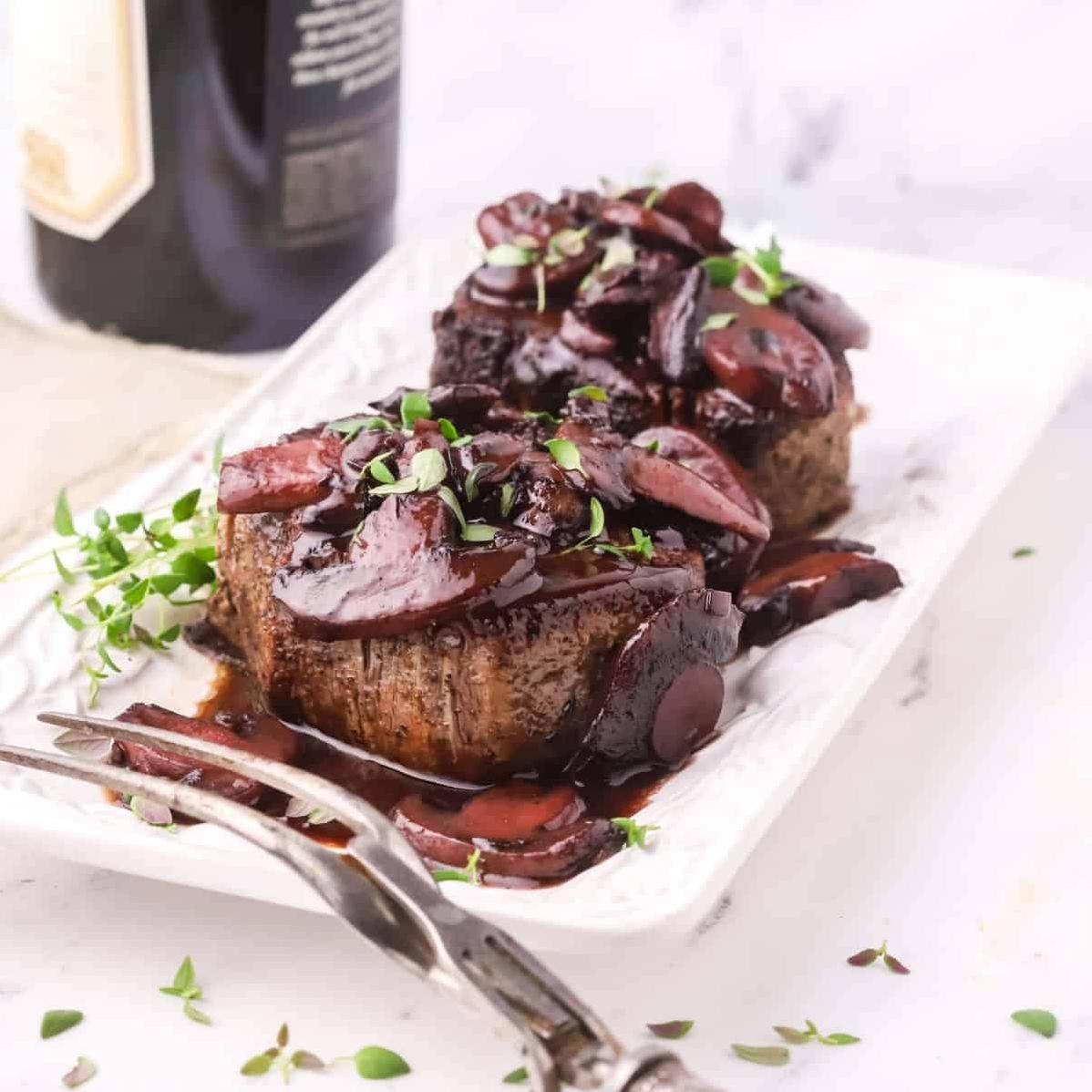 The combination of tender steak and savory mushroom and red wine sauce is the perfect way to elevate any dinner party menu.