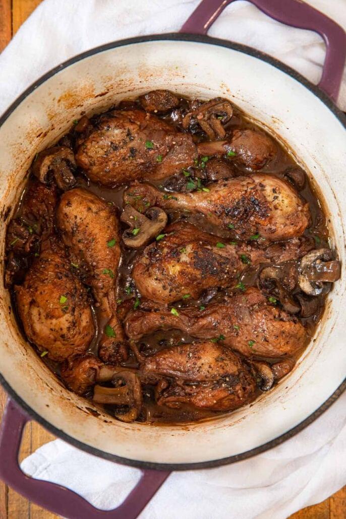  The deep flavors of this braised chicken are complemented by the intricate notes of a bold red wine.