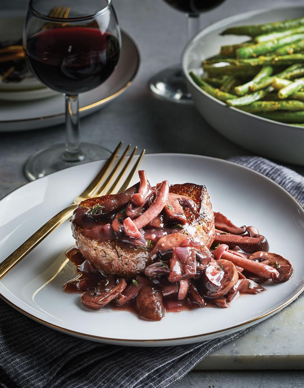  The juicy, succulent steaks pair perfectly with the rich, hearty mushroom wine sauce.