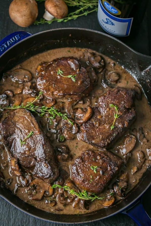  The perfect marriage of tender filet mignon and savory mushrooms.