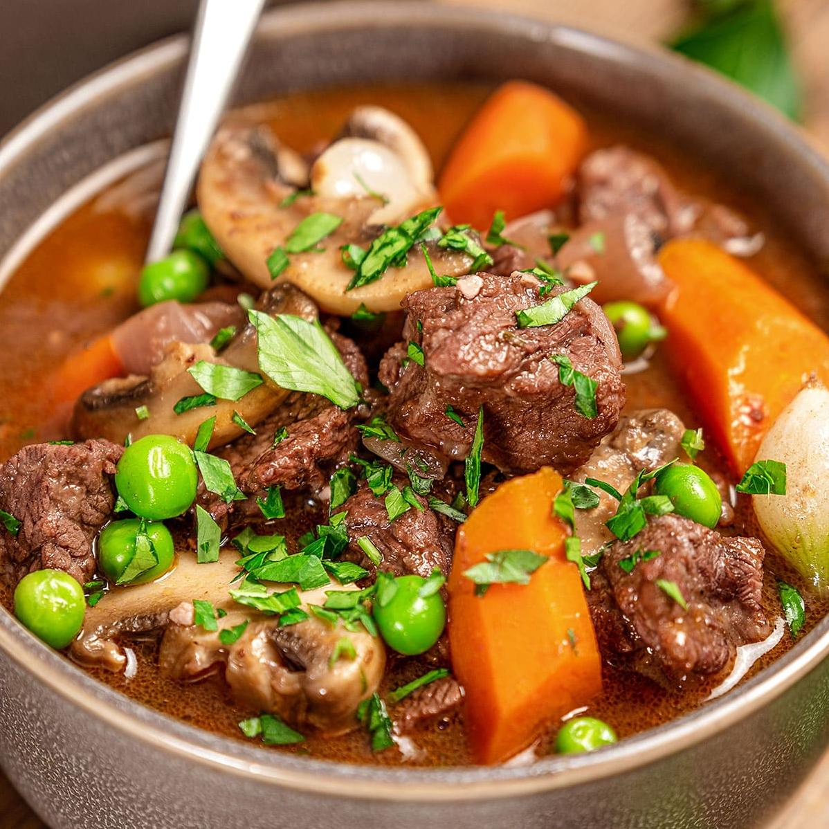  The ultimate comfort soup made with tender chunks of beef, hearty vegetables, and a splash of red wine.