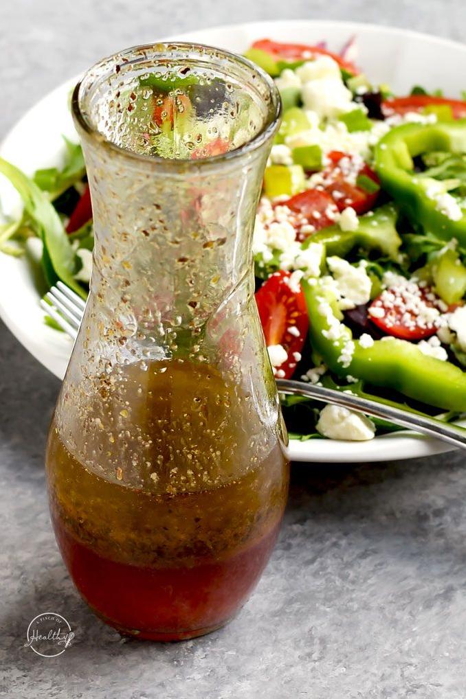  This colorful Greek salad with red wine vinegar dressing is so healthy and delicious!