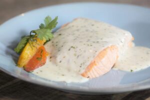 White Wine Poached Salmon With Tarragon & Cream (For One)