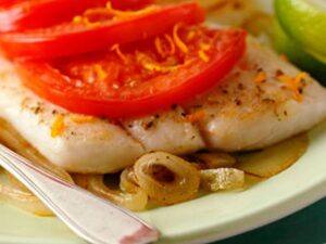 Wine-Baked Yellow Perch With Onions, Tomatoes and Mushrooms