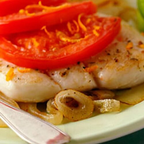 Wine-Baked Yellow Perch With Onions, Tomatoes and Mushrooms