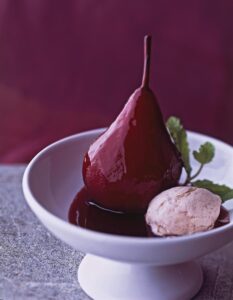 Wine Poached Pears With Cinnamon Ice Cream